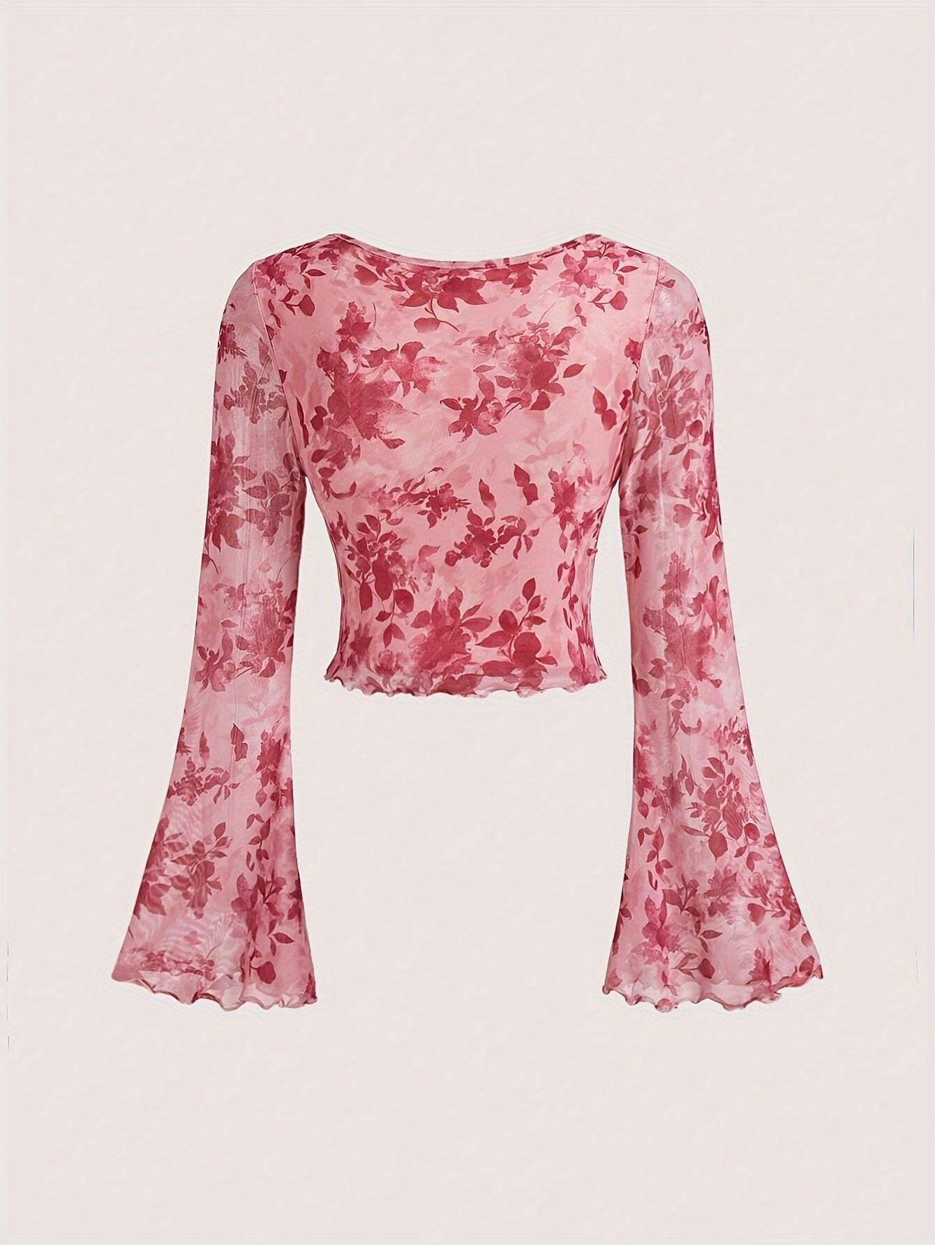 TECCULI MOD Camiseta 2 en 1 con lazo y mangas acampanadas para mujer, estilo vintage, para Halloween, para otoño, estilo campestre, para salir, vintage, de los 90, de manga larga.