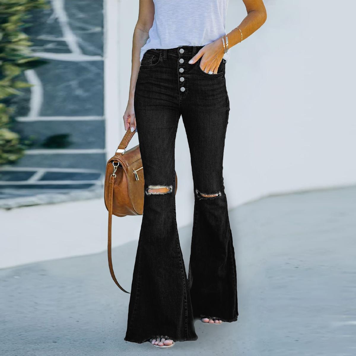 TECCULI Women's Black Bell Bottom Jeans for Women High Waisted Flare Jeans Womens Ripped Stretchy Bell Bottoms Pants