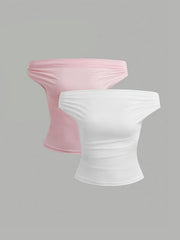 TECCULI Sweetra Top fruncido liso con hombros descubiertos (3 piezas)