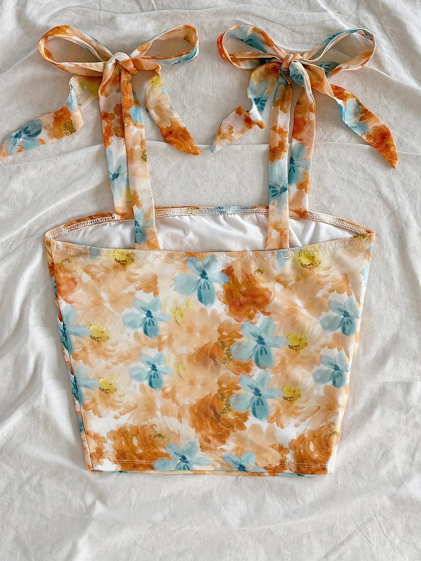 TECCULI MOD Top de tirantes con lazo en los hombros con estampado floral romántico de verano