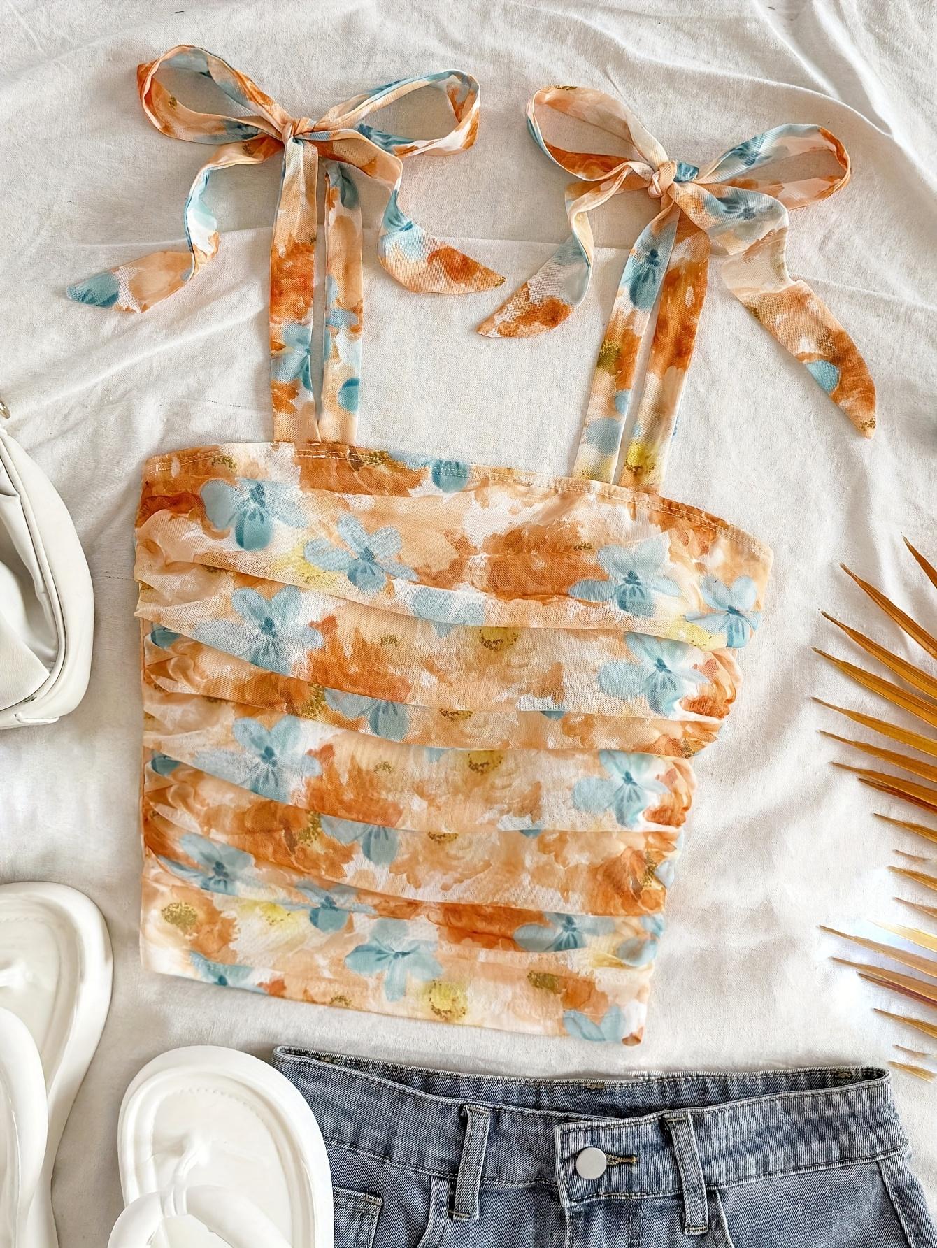 TECCULI MOD Top de tirantes con lazo en los hombros con estampado floral romántico de verano