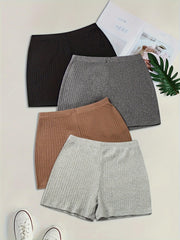 TECCULI EZwear 4pcs Plus Size Women Solid Color Knit Shorts