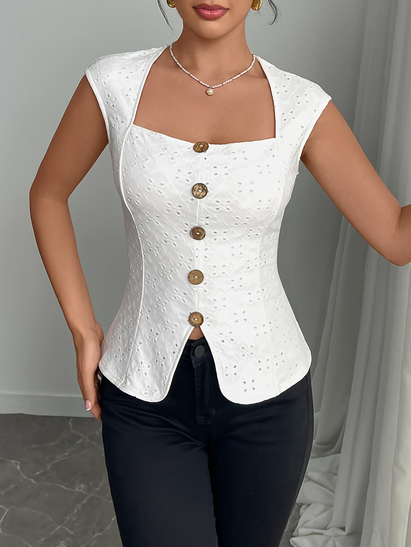 Blusa TECCULI Gloray sin mangas con botones bordados y cuello cuadrado para mujer, de alta gama