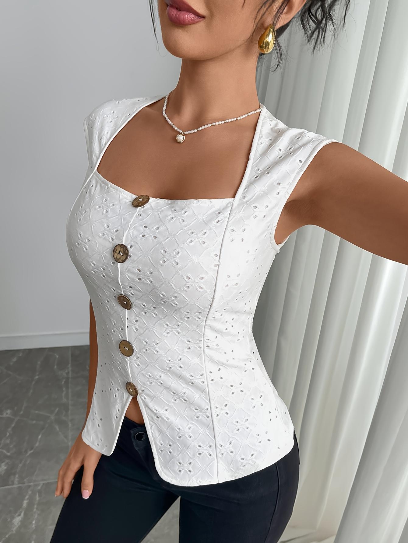 Blusa TECCULI Gloray sin mangas con botones bordados y cuello cuadrado para mujer, de alta gama