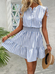Vestido de algodón con cintura ceñida y volantes en los hombros de TECCULI Calvaya Summer Blue &amp; White a rayas