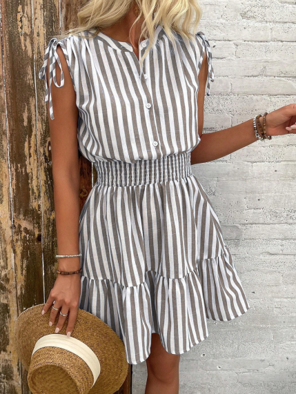 Vestido de algodón con cintura ceñida y volantes en los hombros de TECCULI Calvaya Summer Blue &amp; White a rayas
