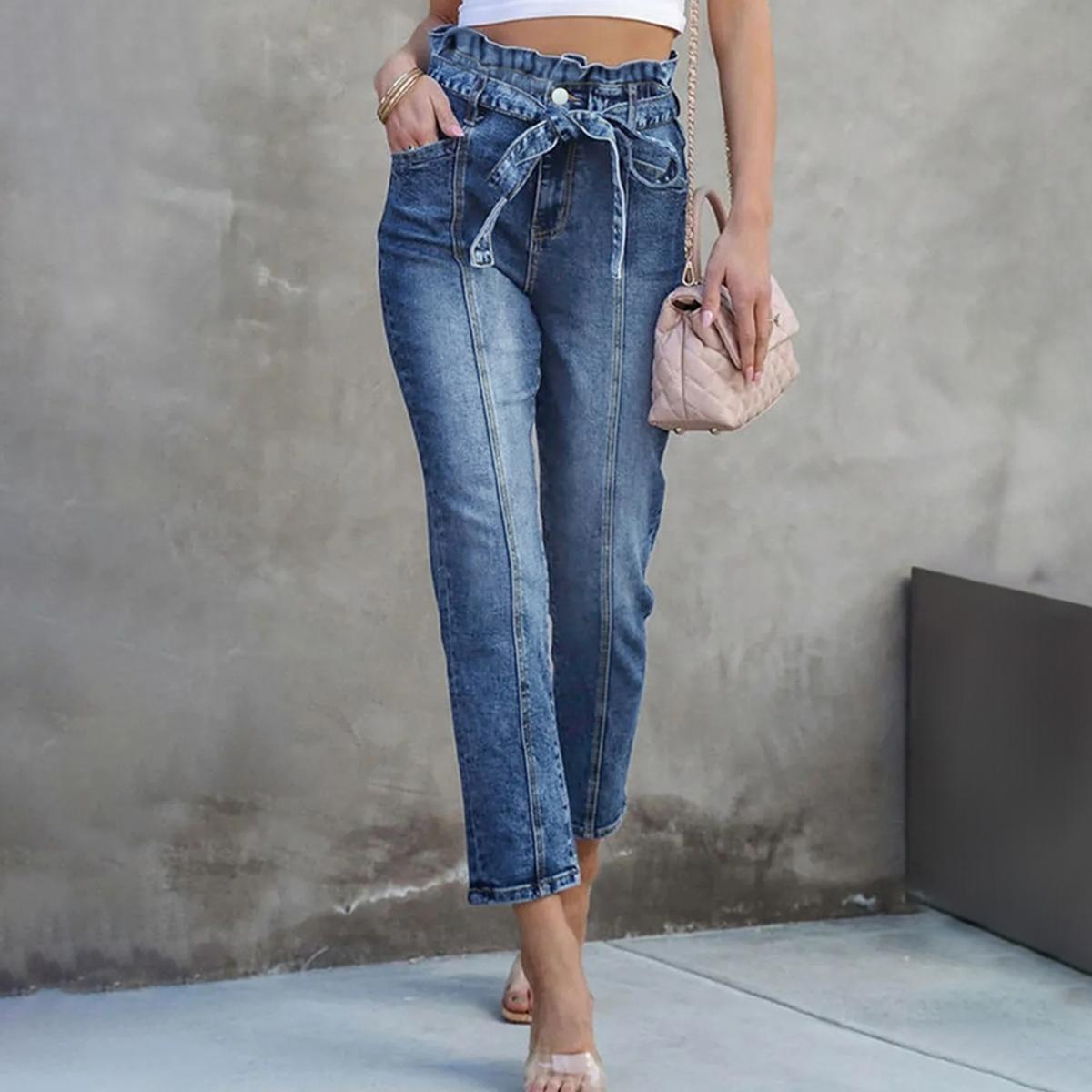 Pantalones largos acampanados con lazo para mujer de TECCULI, vaqueros de mujer con cinturón retro de alta elasticidad