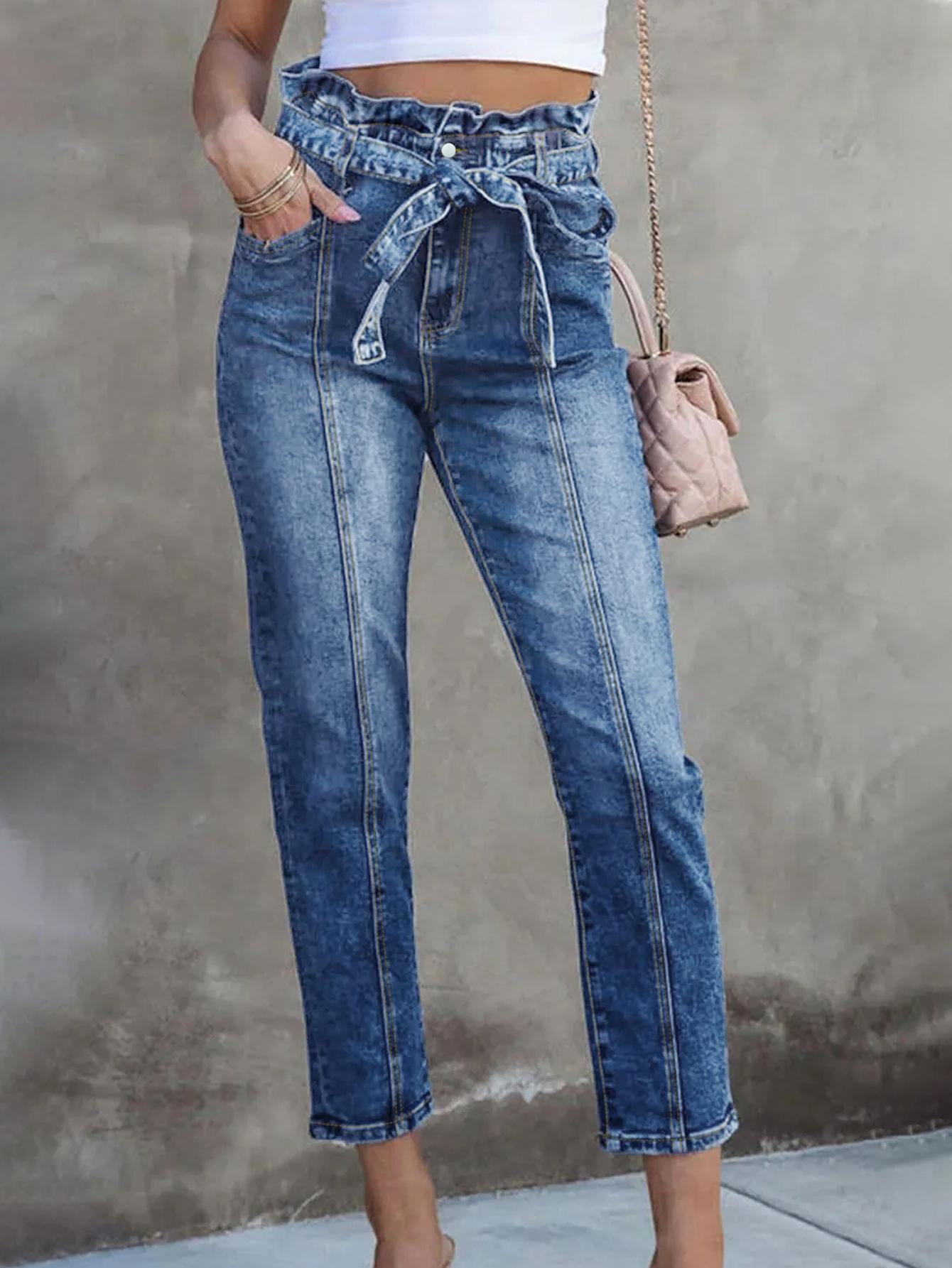 Pantalones largos acampanados con lazo para mujer de TECCULI, vaqueros de mujer con cinturón retro de alta elasticidad