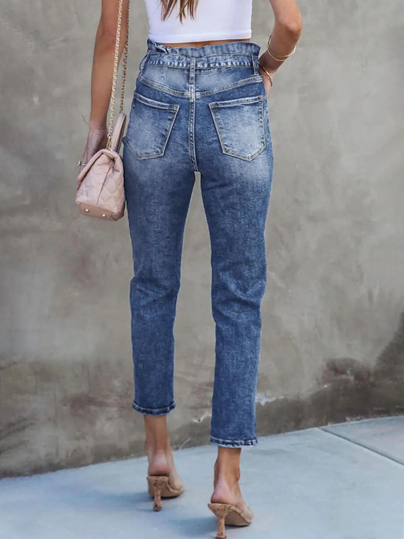 Pantalones largos acampanados con lazo para mujer de TECCULI, vaqueros de mujer con cinturón retro de alta elasticidad