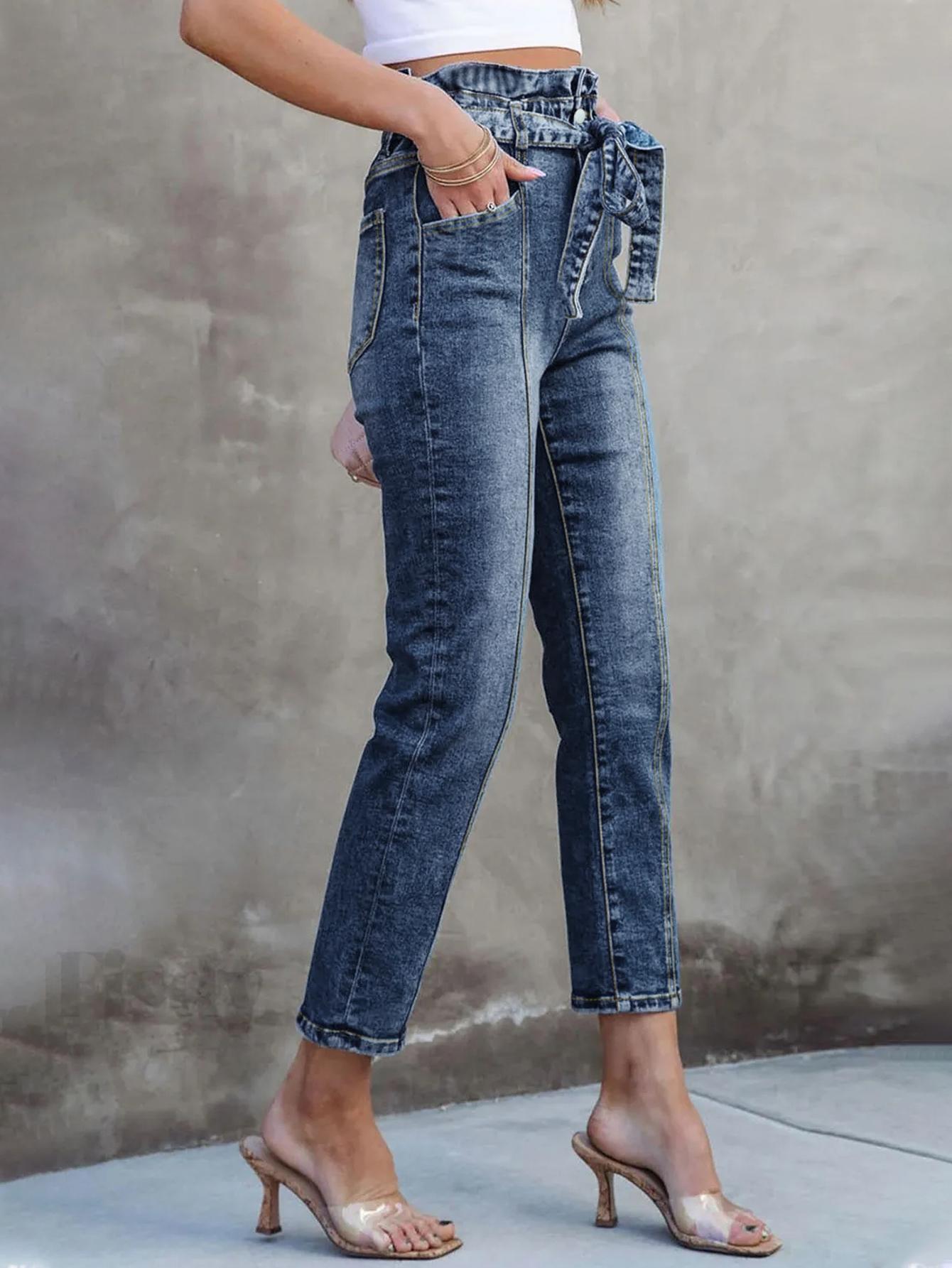 Pantalones largos acampanados con lazo para mujer de TECCULI, vaqueros de mujer con cinturón retro de alta elasticidad