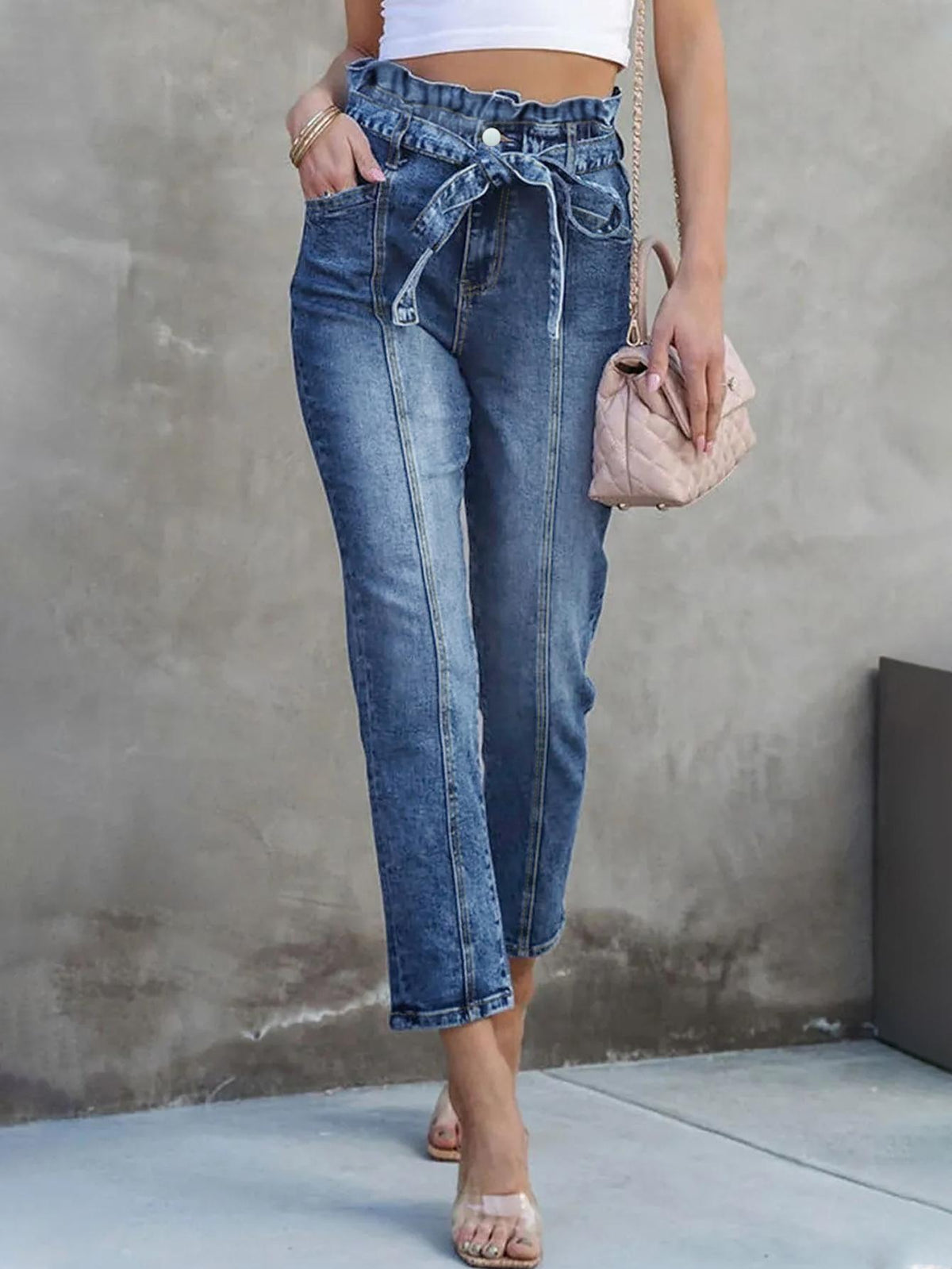 Pantalones largos acampanados con lazo para mujer de TECCULI, vaqueros de mujer con cinturón retro de alta elasticidad