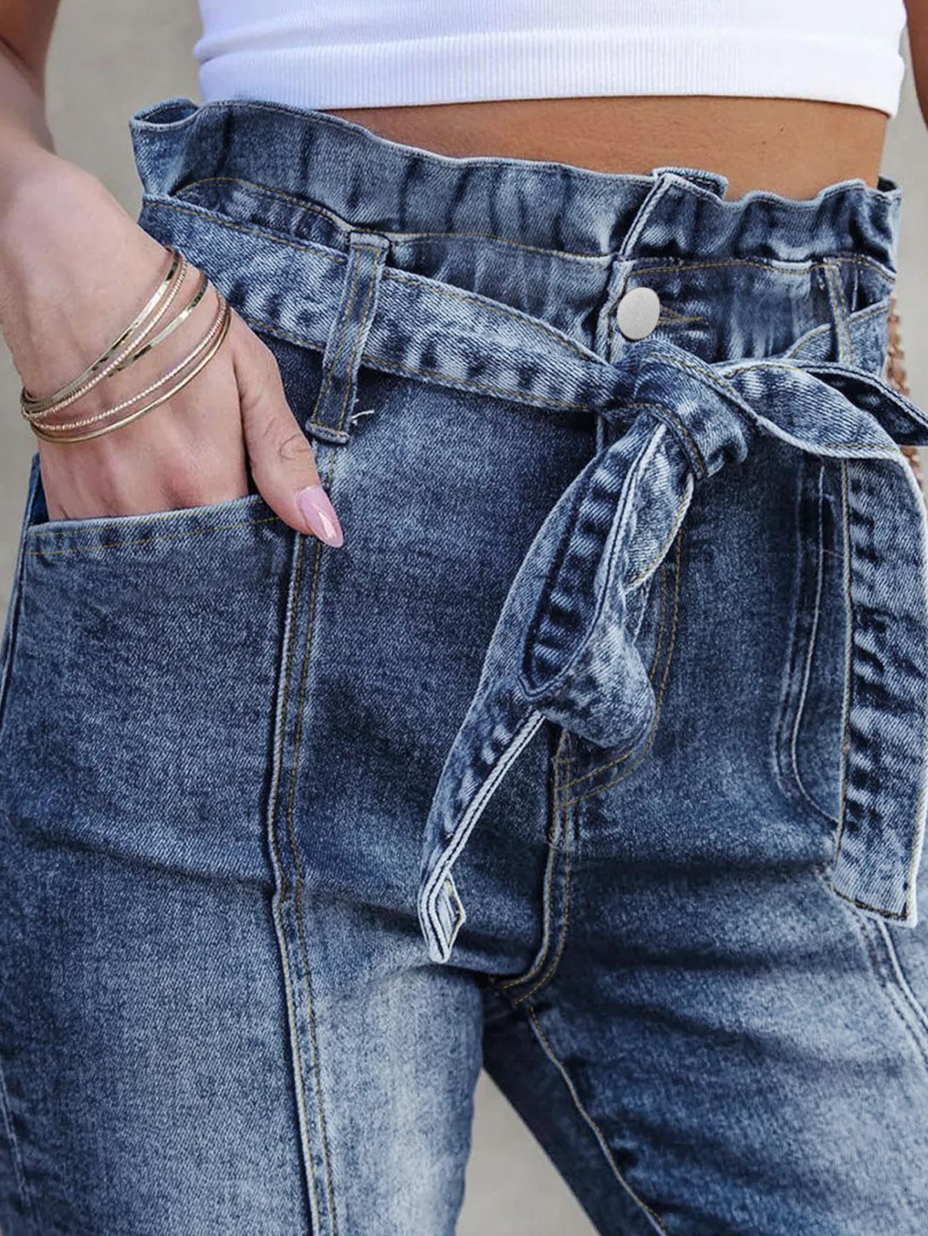 Pantalones largos acampanados con lazo para mujer de TECCULI, vaqueros de mujer con cinturón retro de alta elasticidad