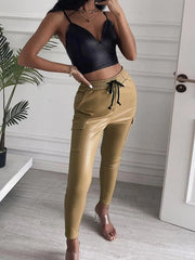 Pantalones deportivos TECCULI de cintura alta con cordón ajustable para mujer: elegantes pantalones casuales marrones de color liso, cómodos y elegantes para un estilo informal.