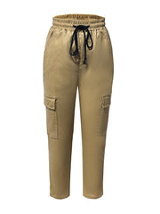 Pantalones deportivos TECCULI de cintura alta con cordón ajustable para mujer: elegantes pantalones casuales marrones de color liso, cómodos y elegantes para un estilo informal.