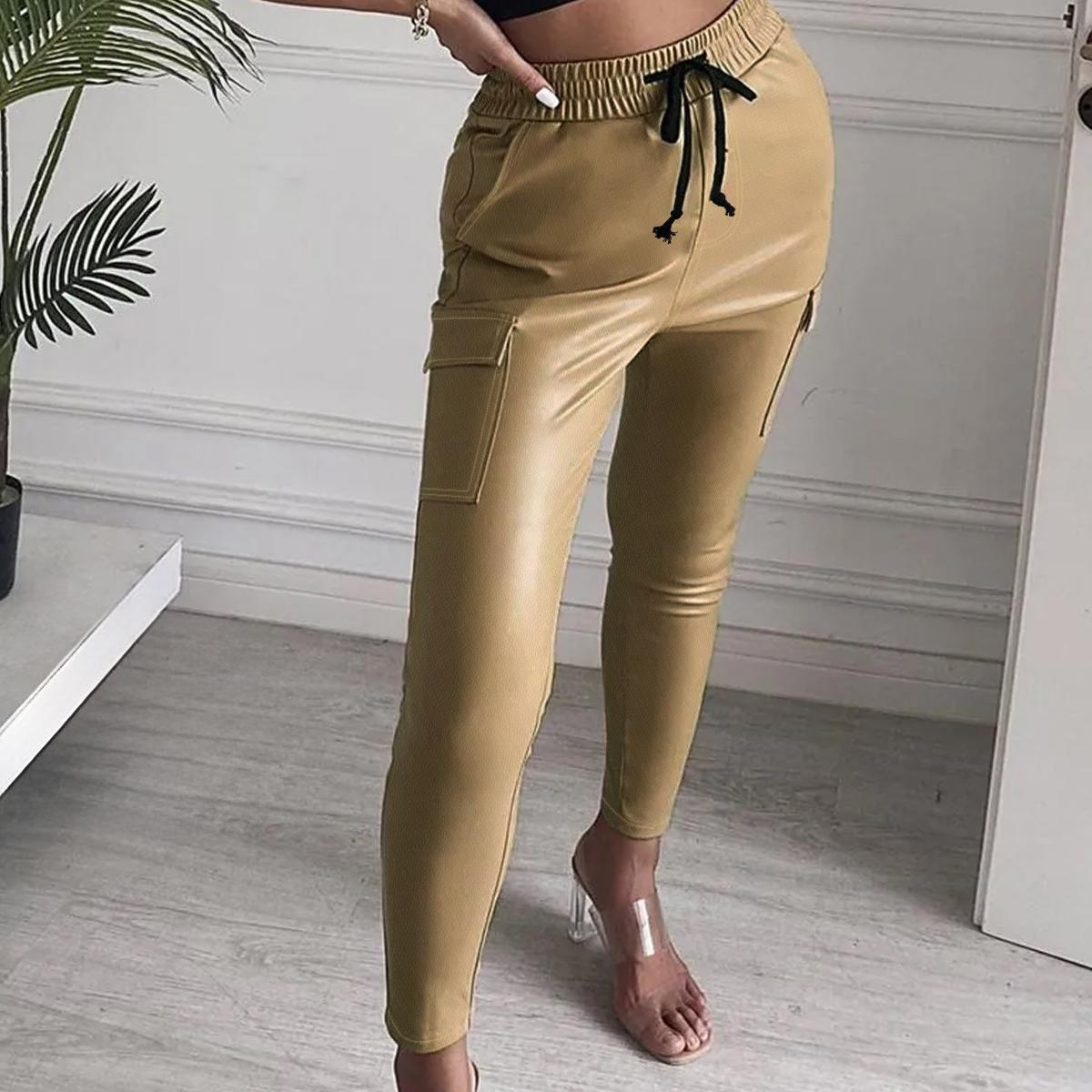 Pantalones deportivos TECCULI de cintura alta con cordón ajustable para mujer: elegantes pantalones casuales marrones de color liso, cómodos y elegantes para un estilo informal.