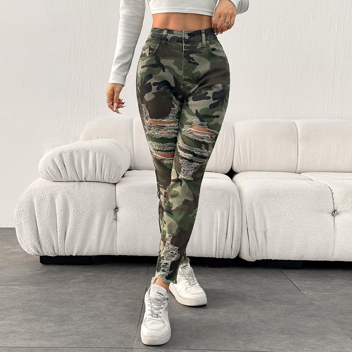 Pantalones ajustados de camuflaje urbano desgastados para exteriores de moda para mujer de TECCULI