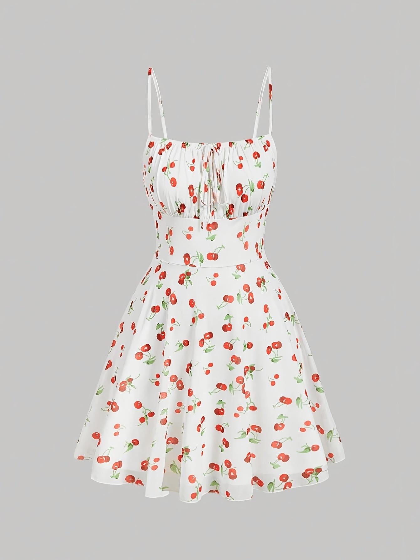 TECCULI MOD Vestido corto de verano estilo pastoral con escote fruncido y estampado de cerezas, vestido de verano para mujer