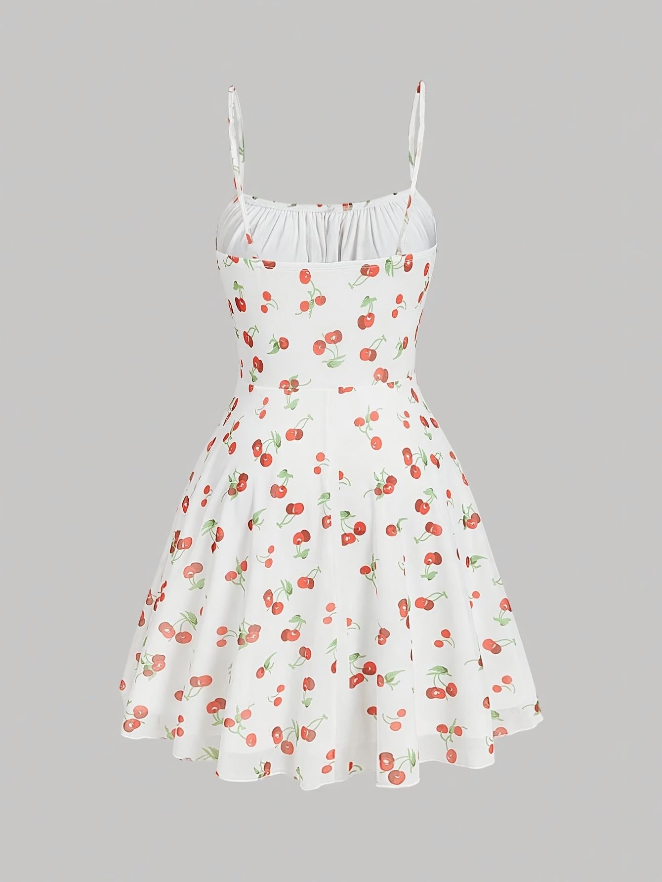 TECCULI MOD Vestido corto de verano estilo pastoral con escote fruncido y estampado de cerezas, vestido de verano para mujer