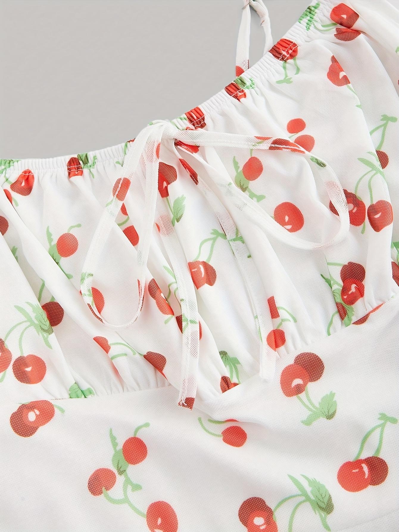 TECCULI MOD Vestido corto de verano estilo pastoral con escote fruncido y estampado de cerezas, vestido de verano para mujer