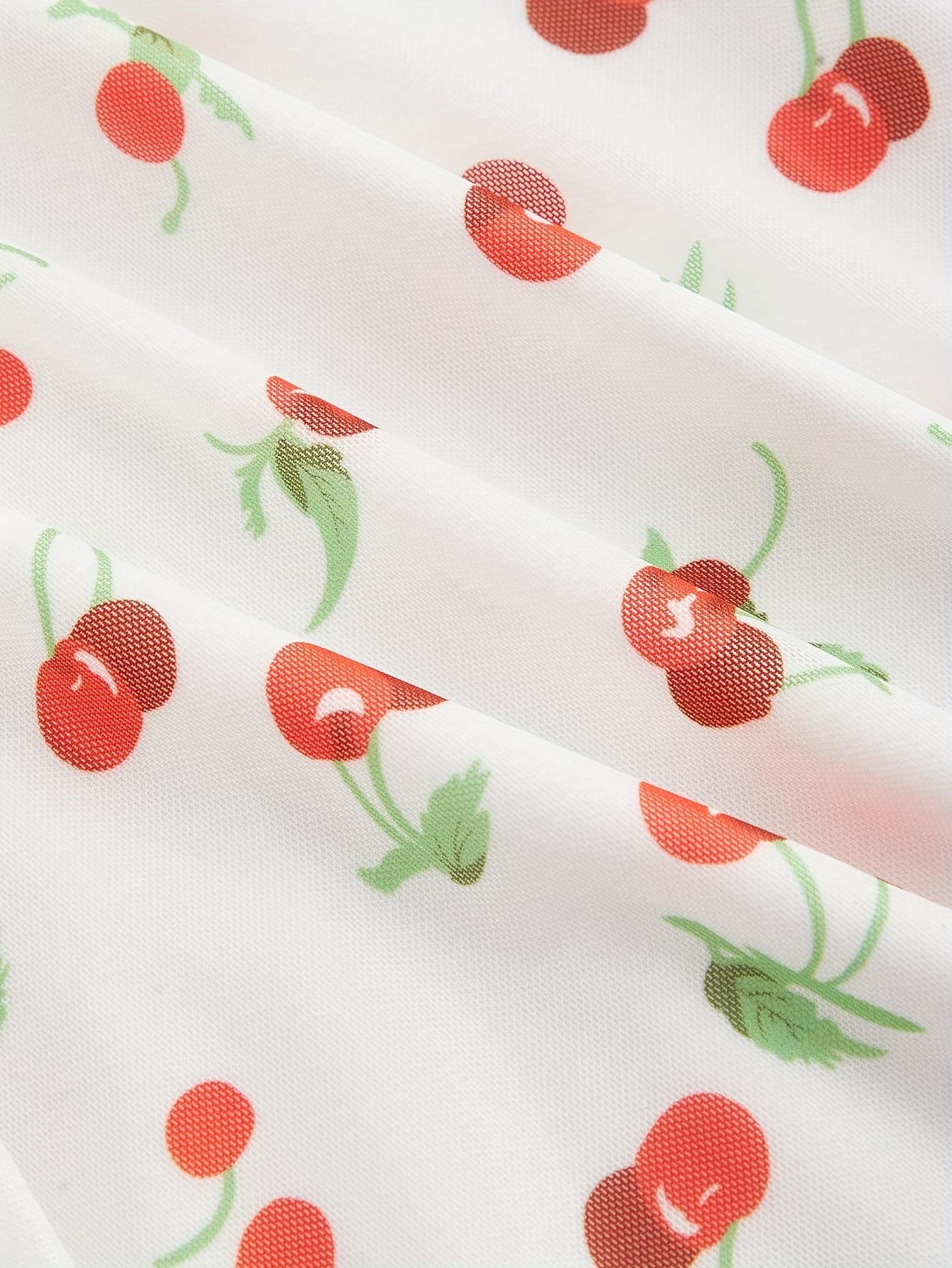 TECCULI MOD Vestido corto de verano estilo pastoral con escote fruncido y estampado de cerezas, vestido de verano para mujer