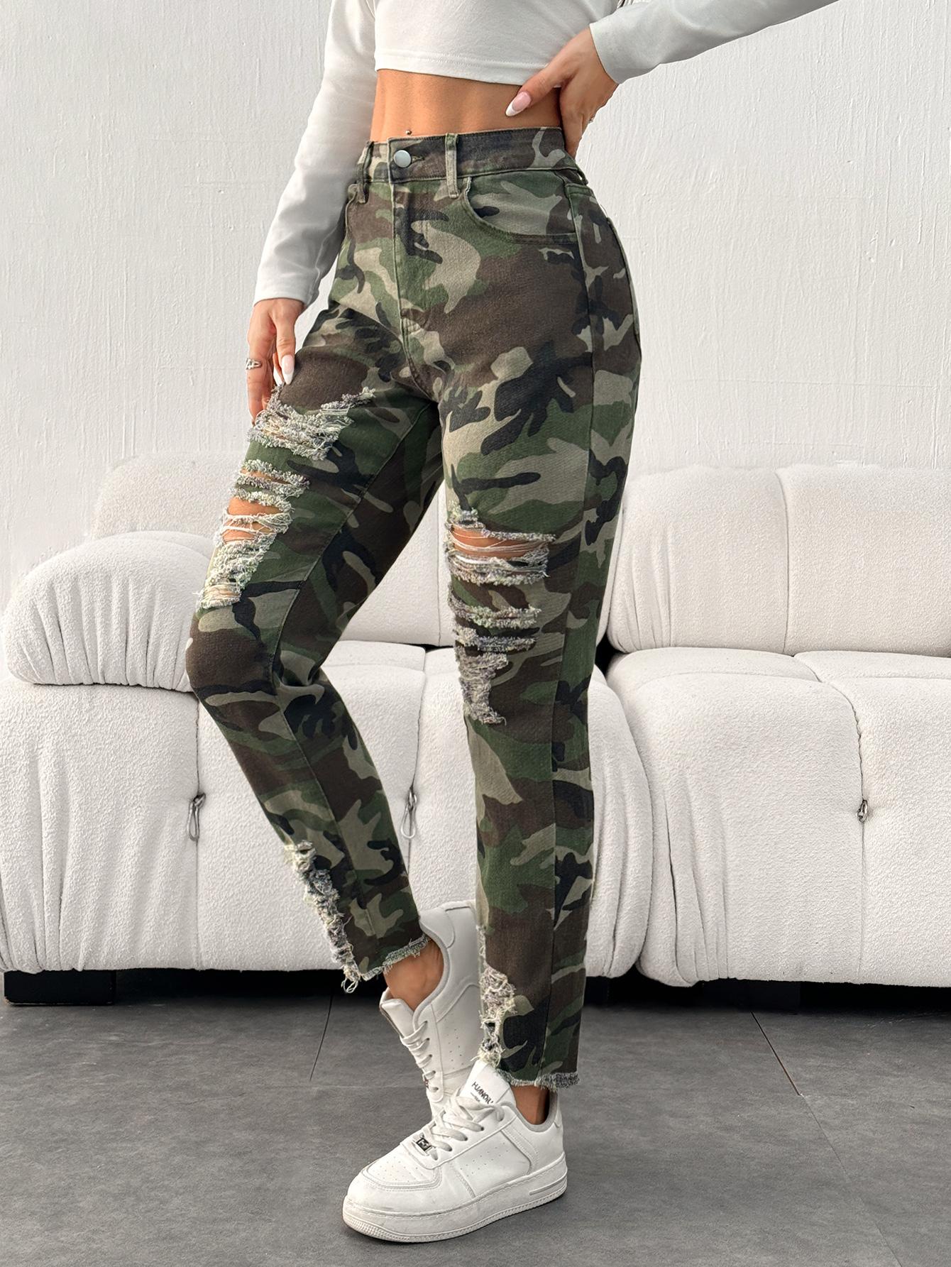 Pantalones ajustados de camuflaje urbano desgastados para exteriores de moda para mujer de TECCULI