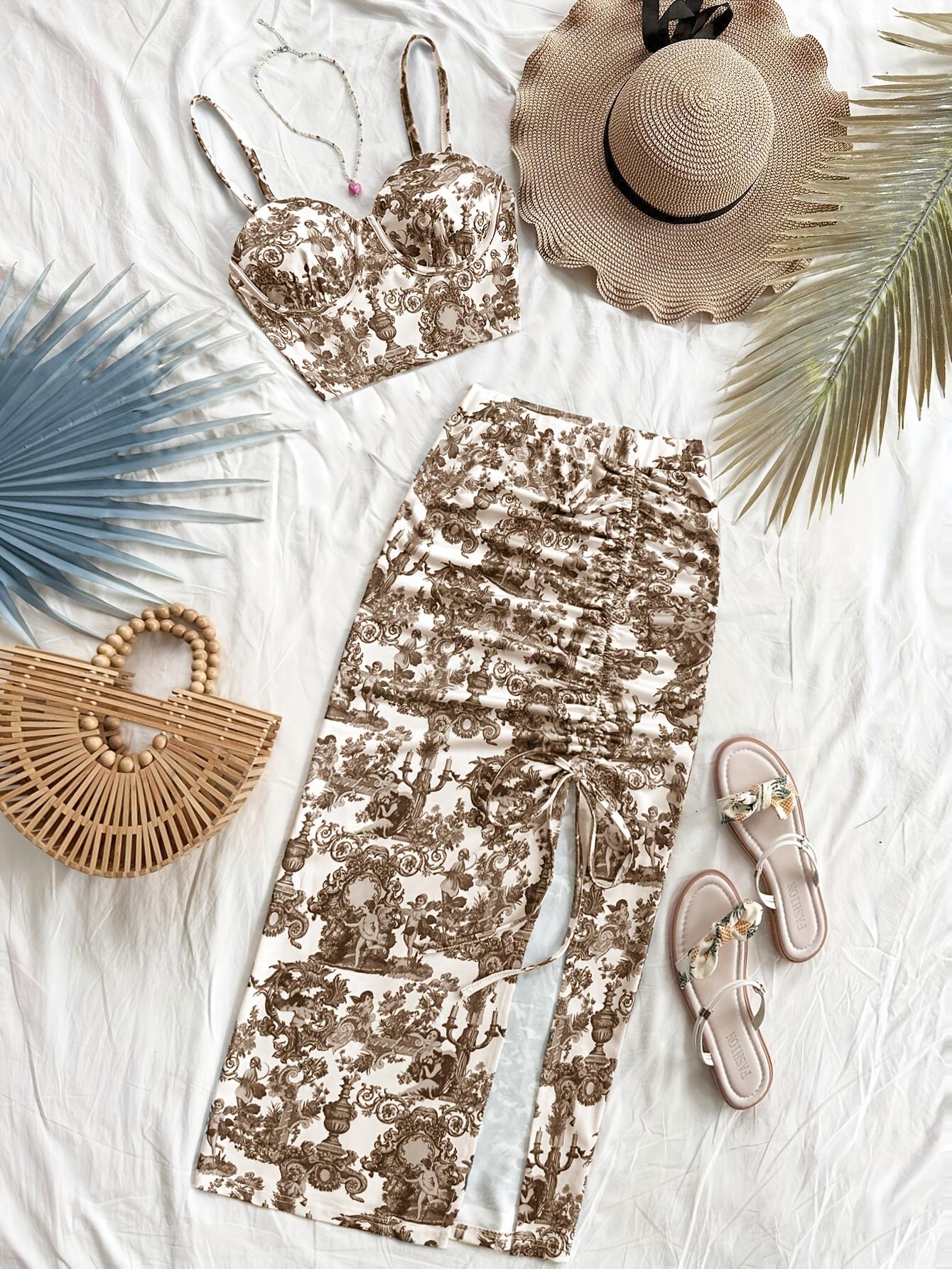 TECCULI PETITE Conjunto de 2 piezas para mujer: camisola con estampado floral y falda midi con cordón ajustable, conjuntos de verano
