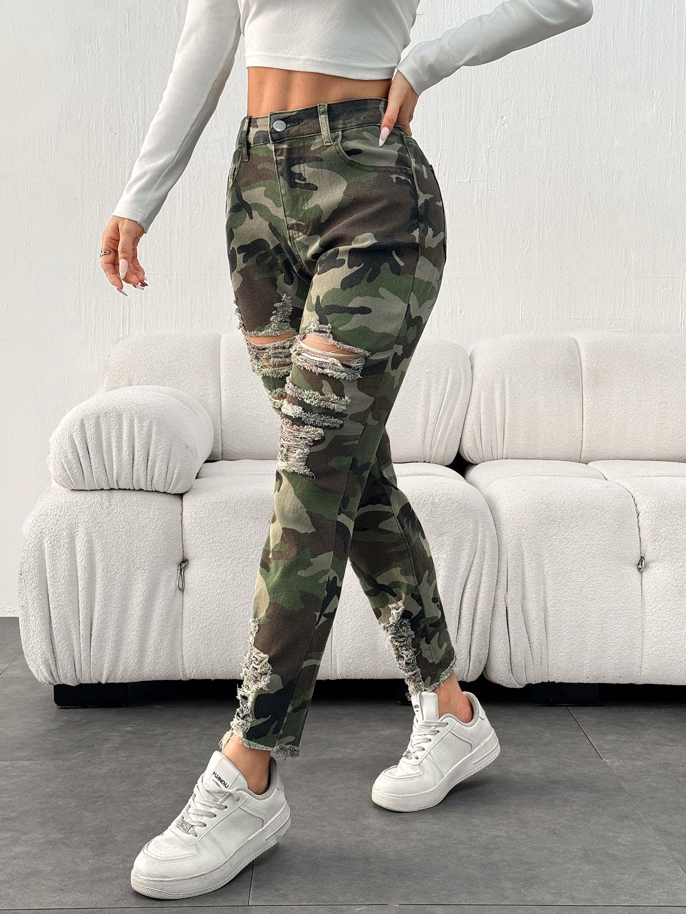 Pantalones ajustados de camuflaje urbano desgastados para exteriores de moda para mujer de TECCULI