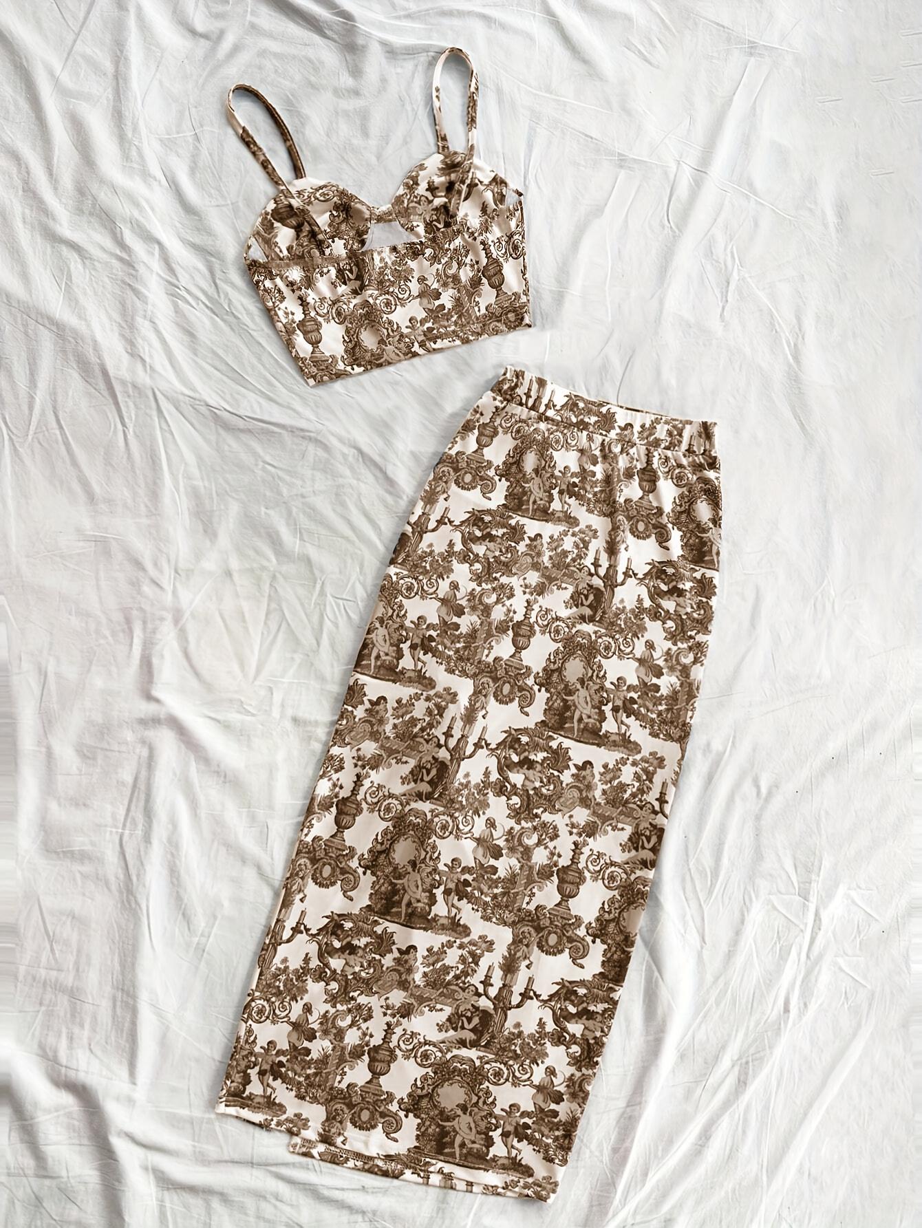 TECCULI PETITE Conjunto de 2 piezas para mujer: camisola con estampado floral y falda midi con cordón ajustable, conjuntos de verano