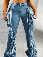 Pantalones vaqueros TECCULI para mujer, de cintura alta, rotos, con dobladillo con volantes laterales y desgastados, clásicos