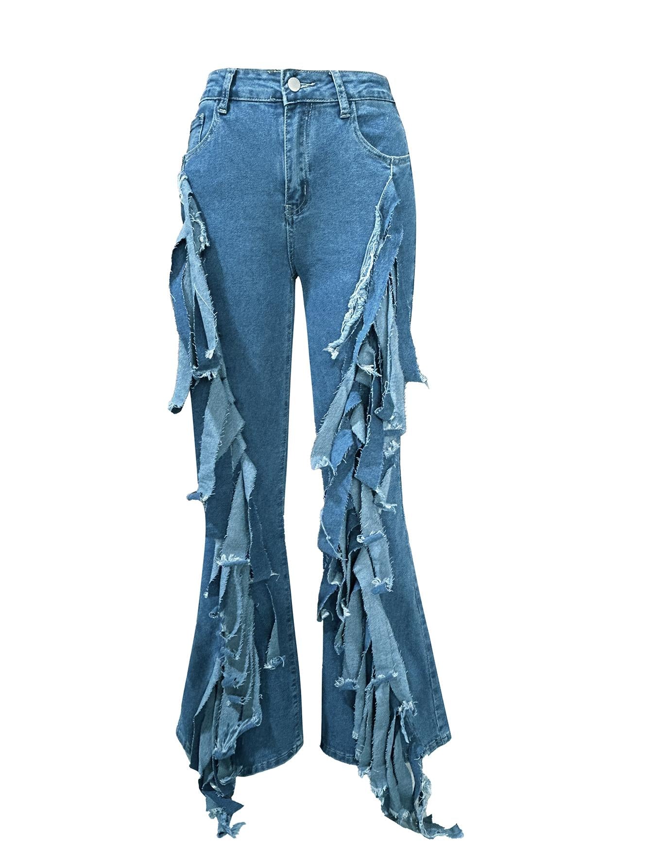 Pantalones vaqueros TECCULI para mujer, de cintura alta, rotos, con dobladillo con volantes laterales y desgastados, clásicos