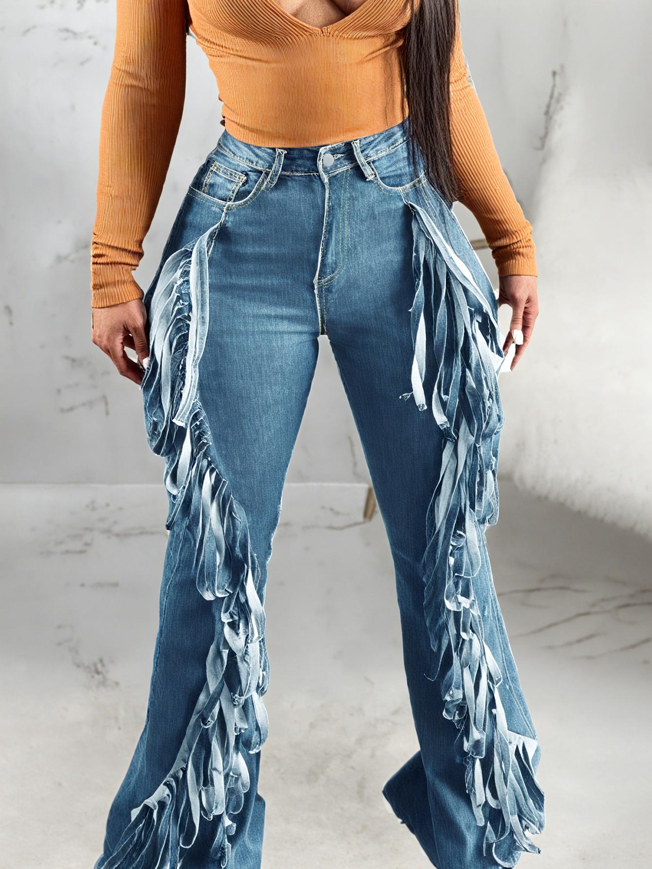 Pantalones vaqueros TECCULI para mujer, de cintura alta, rotos, con dobladillo con volantes laterales y desgastados, clásicos