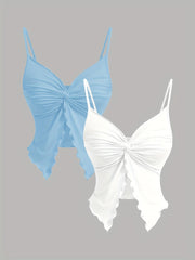 TECCULI MOD - Camisola de tirantes con abertura frontal y dobladillo retorcido de color liso para mujer, tops de verano, top camisola, tops bonitos, top sin mangas en blanco y negro, tropical, gyaru, sin espalda, sexy, coqueta, top para salir