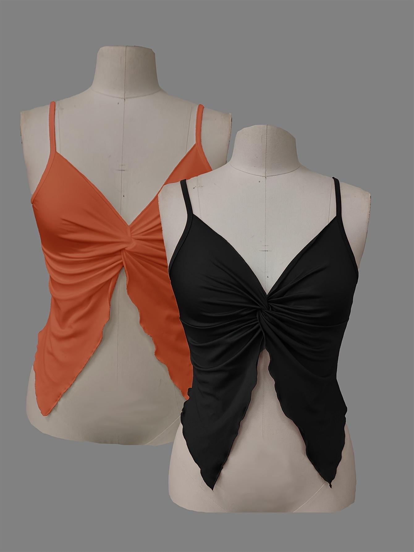 TECCULI MOD - Camisola de tirantes con abertura frontal y dobladillo retorcido de color liso para mujer, tops de verano, top camisola, tops bonitos, top sin mangas en blanco y negro, tropical, gyaru, sin espalda, sexy, coqueta, top para salir