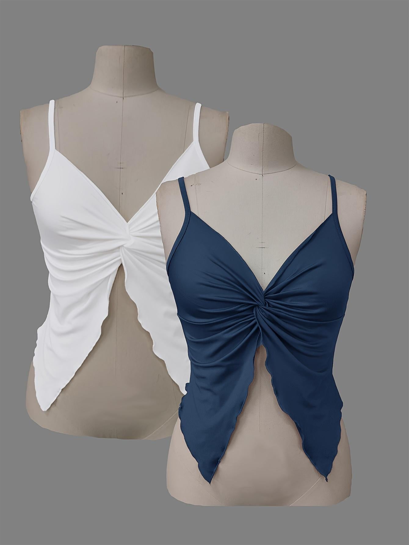 TECCULI MOD - Camisola de tirantes con abertura frontal y dobladillo retorcido de color liso para mujer, tops de verano, top camisola, tops bonitos, top sin mangas en blanco y negro, tropical, gyaru, sin espalda, sexy, coqueta, top para salir