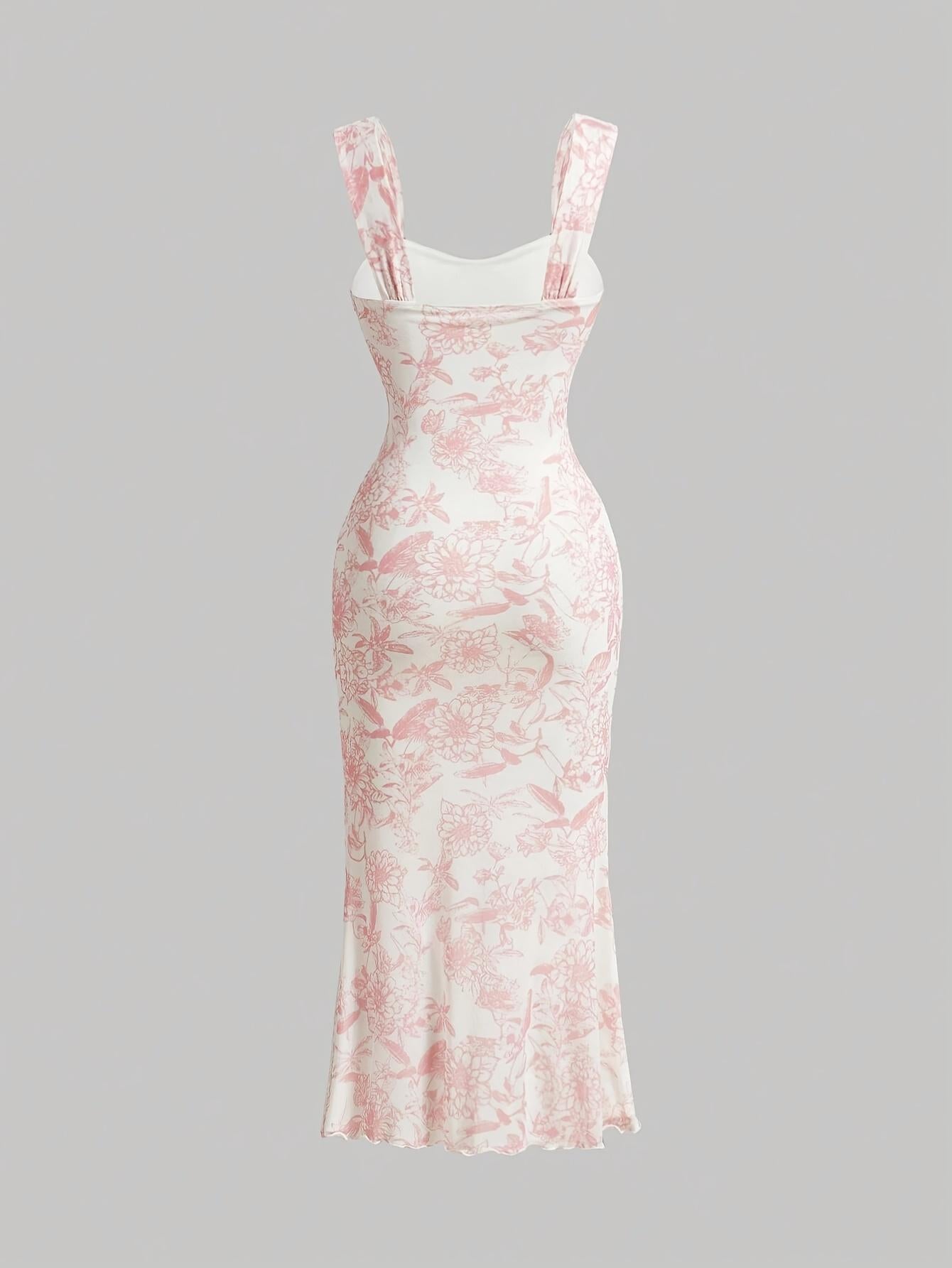 Vestido camisola TECCULI MOD con escote fruncido, dobladillo de sirena y malla floral superpuesta, vestidos pastel para mujer
