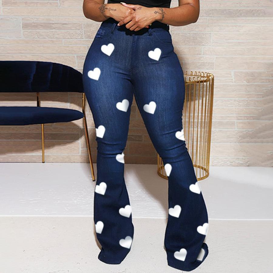 Pantalones vaqueros largos acampanados de cintura alta con estampado de corazones blancos de TECCULI para mujer, longitud ligeramente corta, ideales para festivales de música.