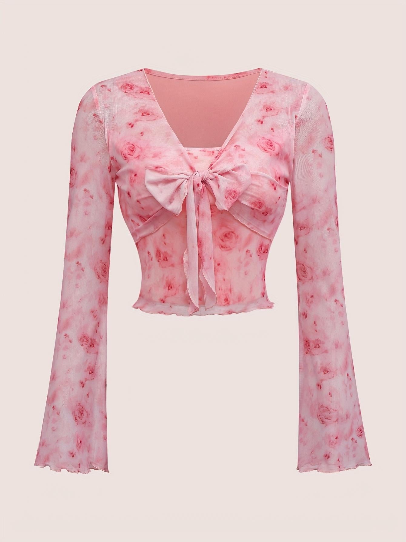 TECCULI MOD Camiseta 2 en 1 con lazo y mangas acampanadas para mujer, estilo vintage, para Halloween, para otoño, estilo campestre, para salir, vintage, de los 90, de manga larga.