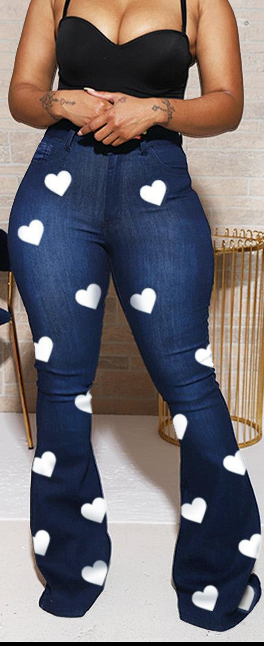 Pantalones vaqueros largos acampanados de cintura alta con estampado de corazones blancos de TECCULI para mujer, longitud ligeramente corta, ideales para festivales de música.