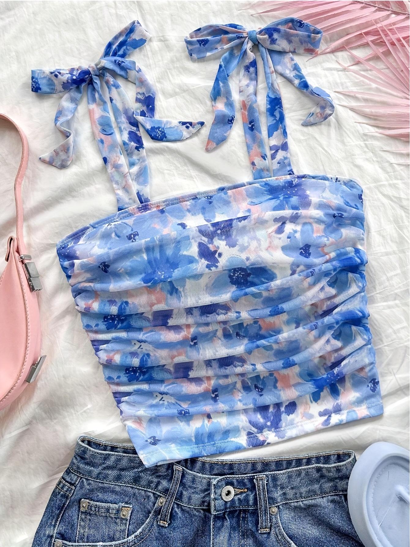 TECCULI MOD Top de tirantes con lazo en los hombros con estampado floral romántico de verano