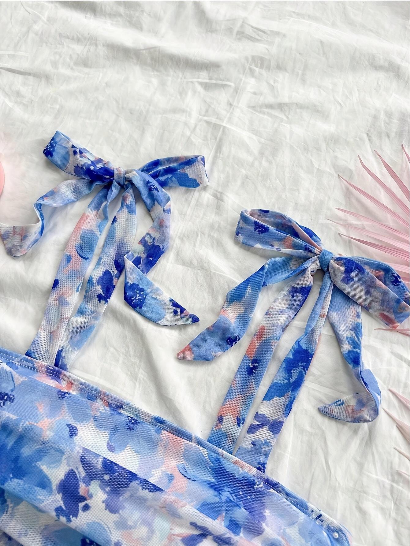 TECCULI MOD Top de tirantes con lazo en los hombros con estampado floral romántico de verano