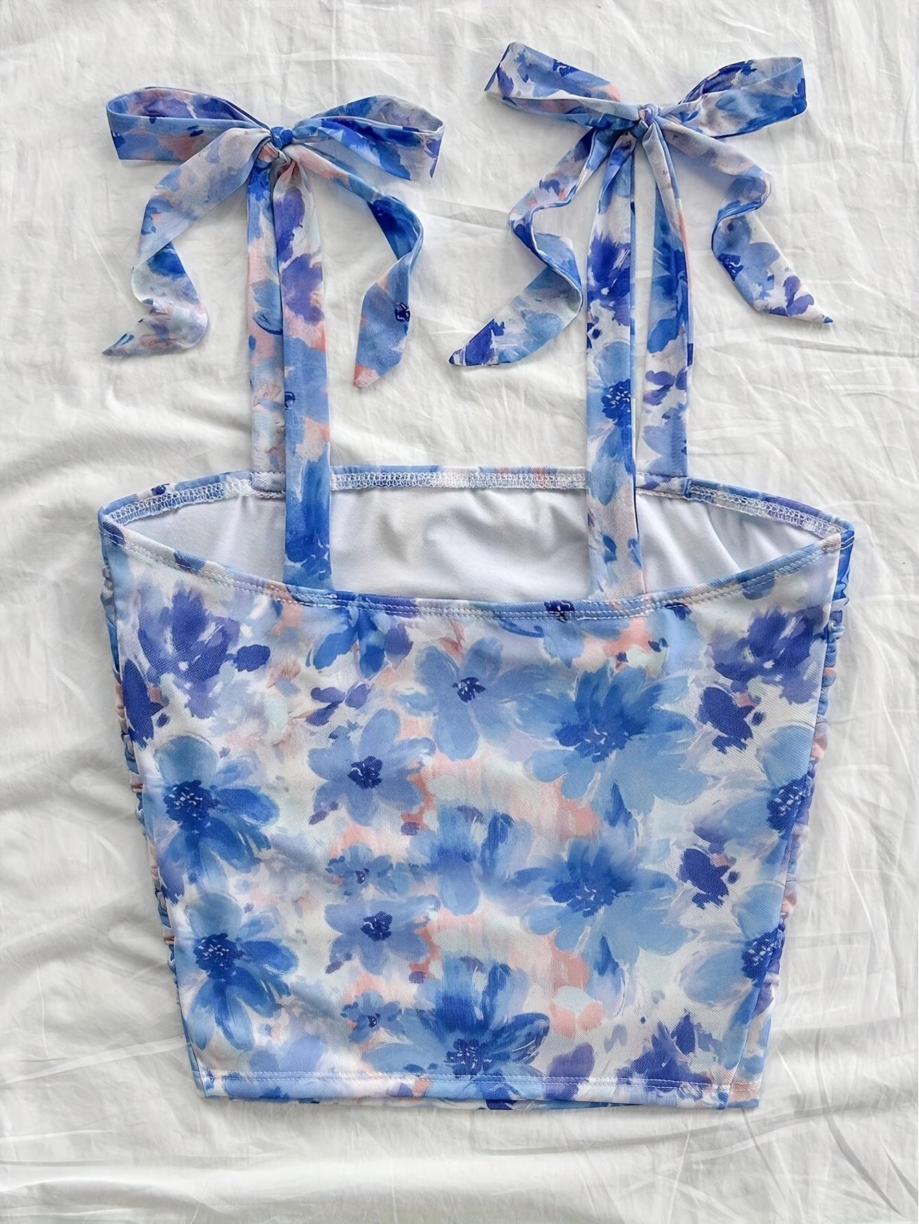 TECCULI MOD Top de tirantes con lazo en los hombros con estampado floral romántico de verano