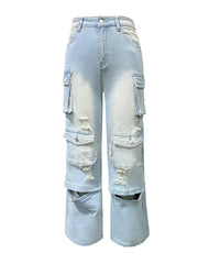 Pantalones vaqueros TECCULI Y2K de algodón con múltiples bolsillos, pierna recta, estilo cargo industrial, holgados, de pierna ancha, para festivales de música