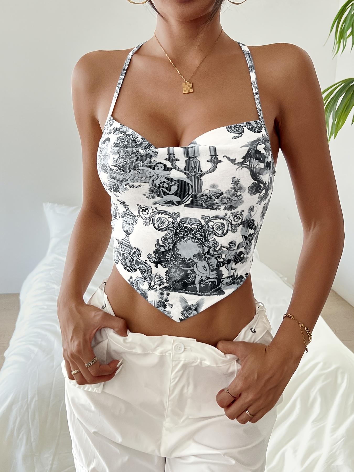 Top de verano con cuello halter drapeado y estampado floral TECCULI EZwear