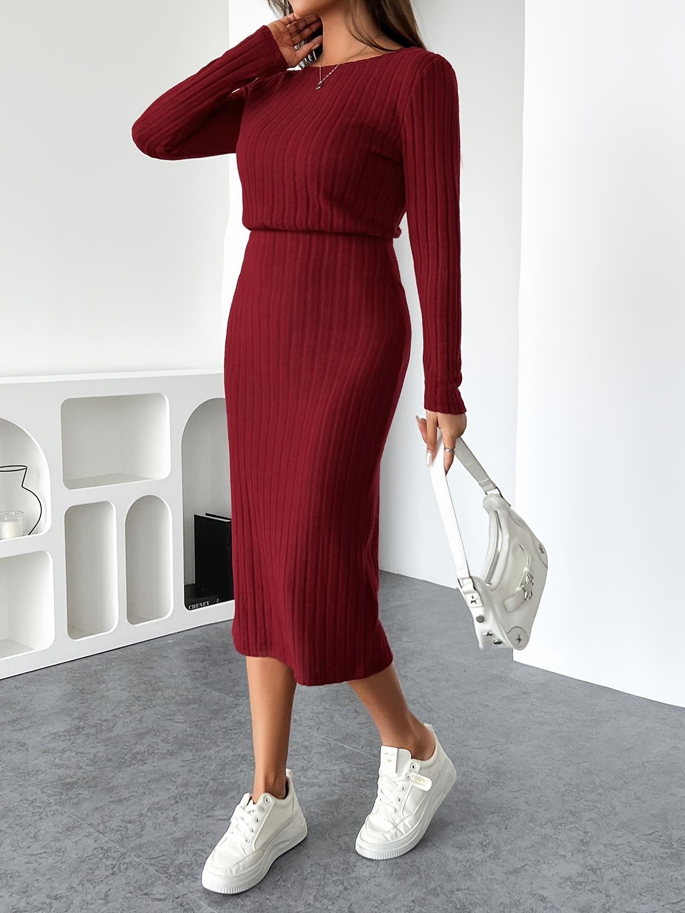Vestido informal TECCULI Frenchy de talla grande, color liso, cuello redondo y manga larga