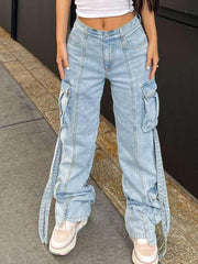 Vaqueros TECCULI de corte relajado con bolsillo frontal y botones para mujer, ropa informal para uso diario