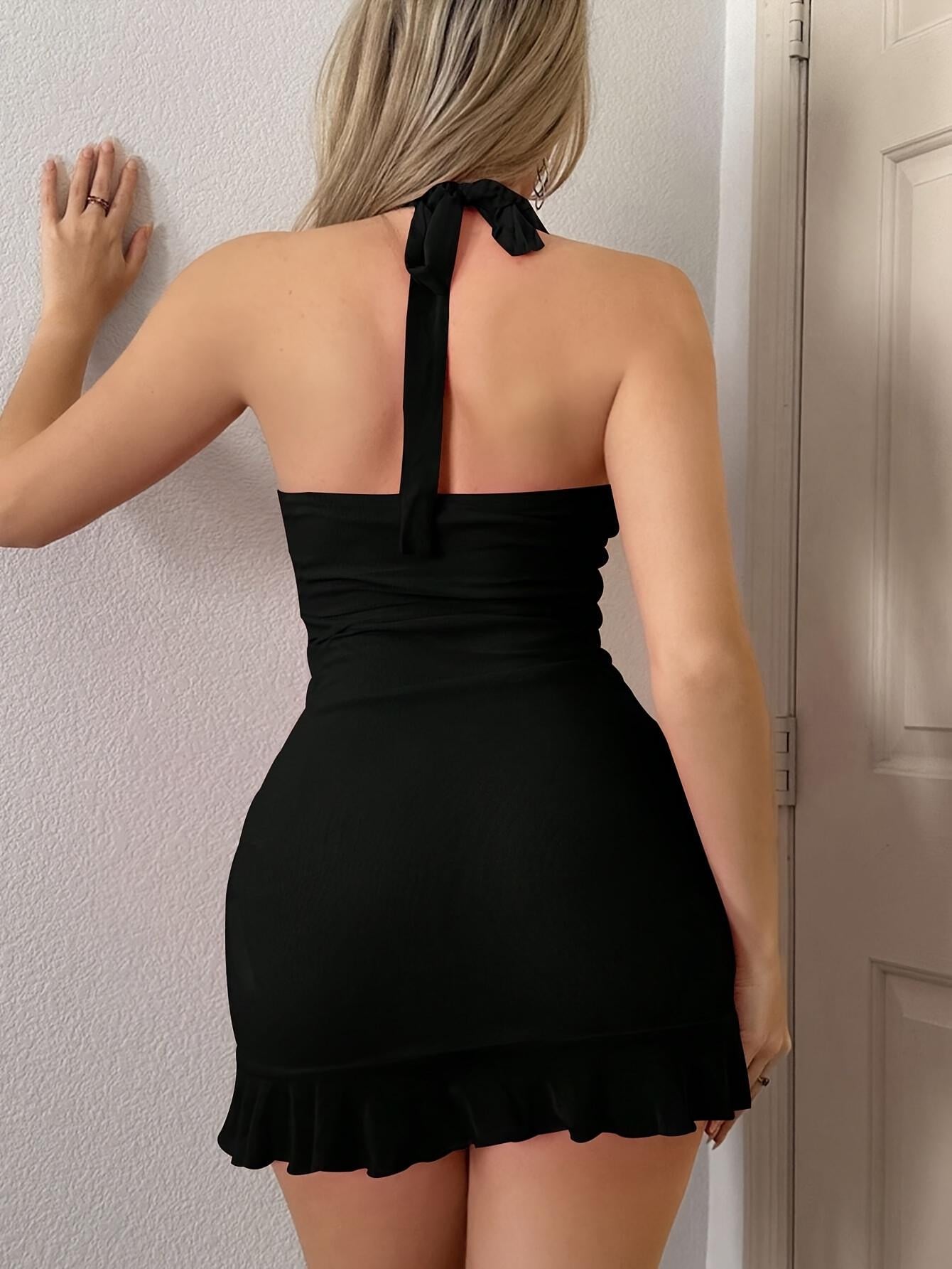 TECCULI Sweetina Y2k Vestido corto rosa de verano con cuello halter, volantes y malla transparente, vestidos pastel para mujer