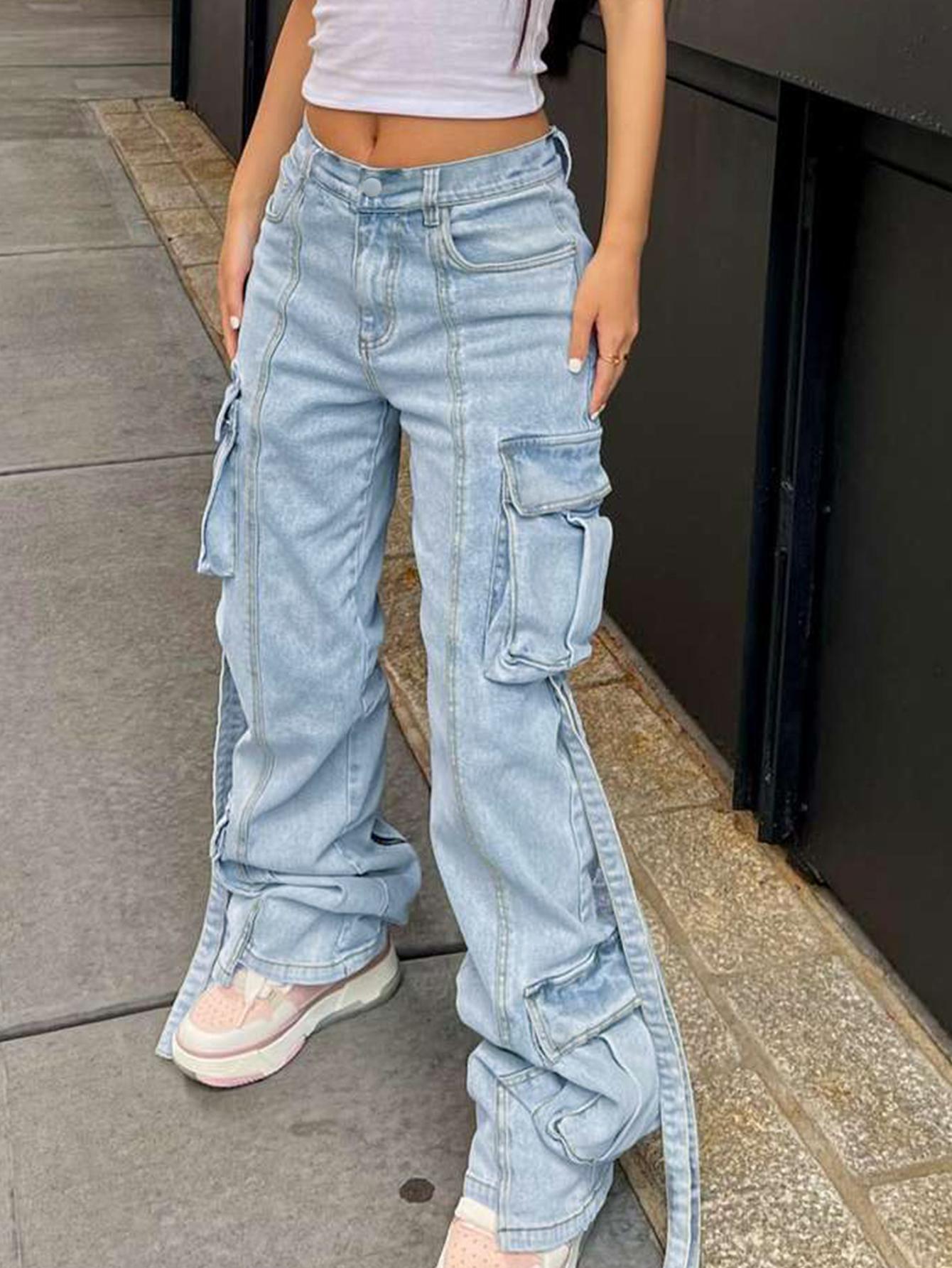 Vaqueros TECCULI de corte relajado con bolsillo frontal y botones para mujer, ropa informal para uso diario