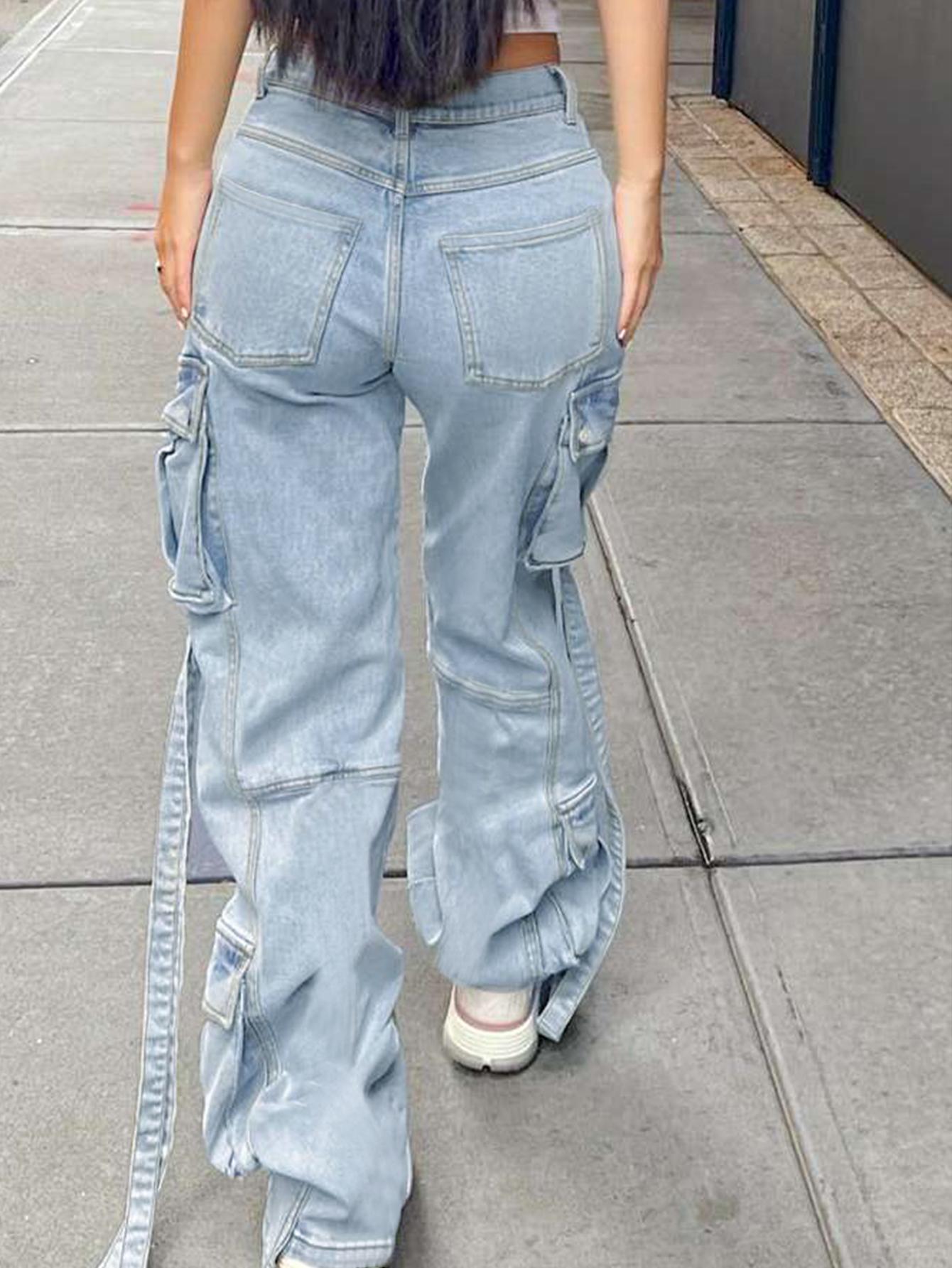 Vaqueros TECCULI de corte relajado con bolsillo frontal y botones para mujer, ropa informal para uso diario