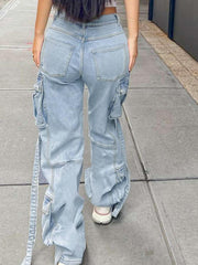 Vaqueros TECCULI de corte relajado con bolsillo frontal y botones para mujer, ropa informal para uso diario