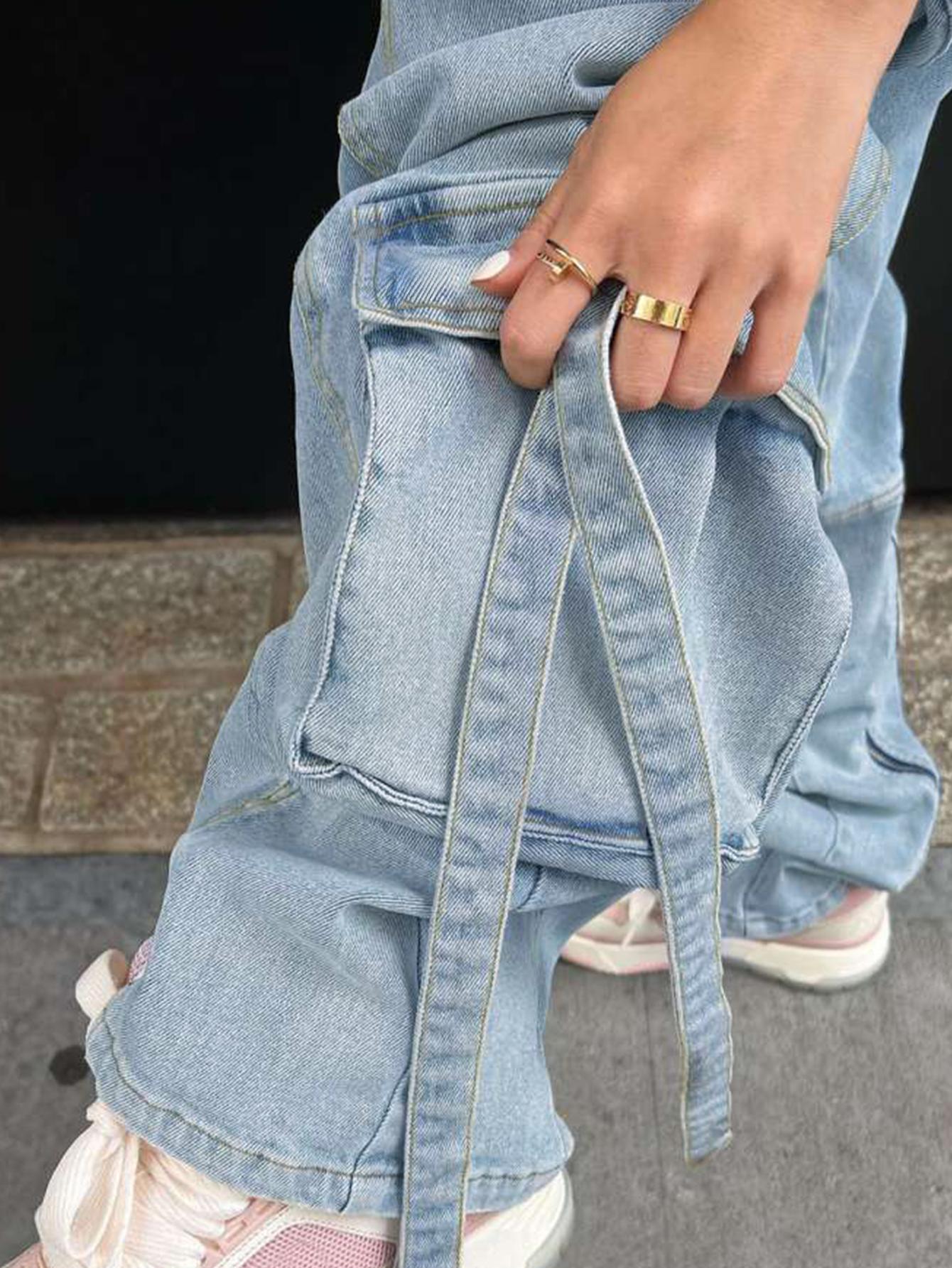 Vaqueros TECCULI de corte relajado con bolsillo frontal y botones para mujer, ropa informal para uso diario